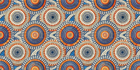 Fototapeta premium Vibrant geometric pattern in orange, blue, and cream tones.