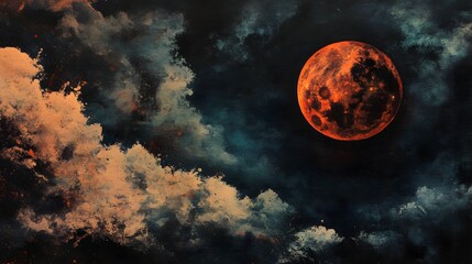 Abstract Painting of a Crimson Moon in a Dark Sky