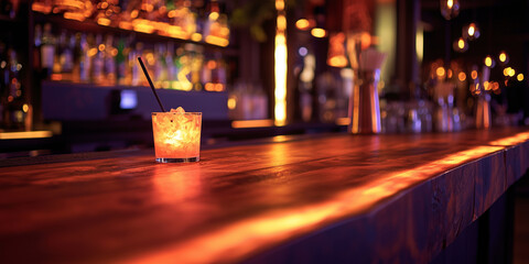 Wood table top with blur nightclub bar counter with bokeh light background,banner mock up for display of product or design content