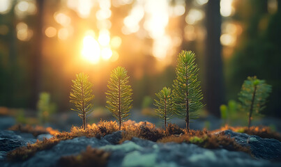 A serene forest scene with young trees growing amidst moss, illuminated by warm sunlight.