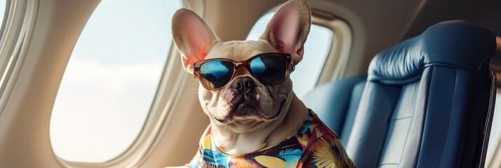 A French bulldog wearing sunglasses and a colorful shirt, sitting on an airplane.