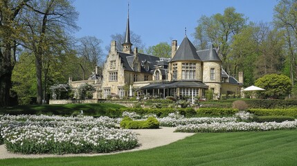 Scenic View of Historic Castle Surrounded by Gardens