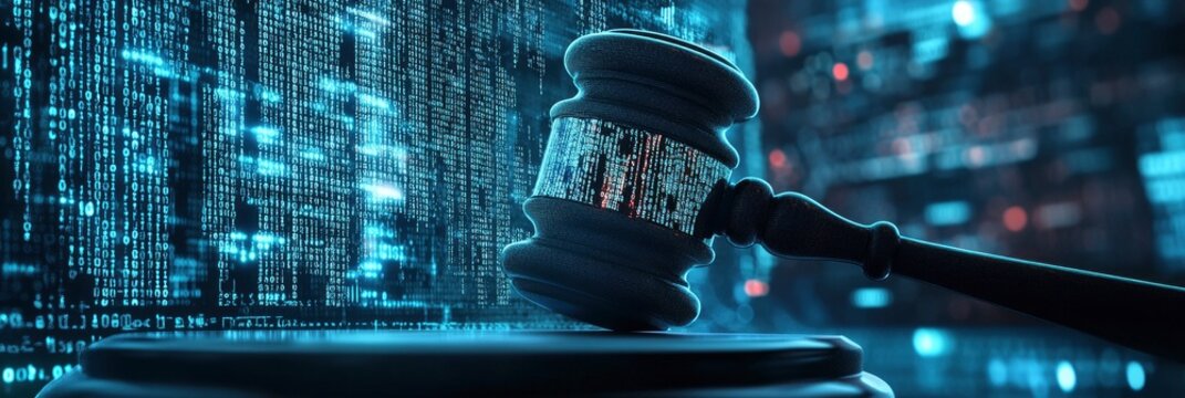 A digital gavel surround by glowing binary code background