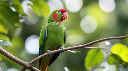 Obraz premium Stunning Anime-Style Red-Billed Green Parrot on a White Transparent Background, Embracing the Fantasy and Vibrant Colors of Japanese Animation.