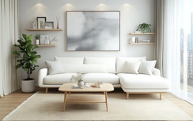Minimalist living room with white sectional sofa, light wood coffee table, and neutral decor.