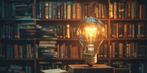 A light bulb glowing above an array of books at library