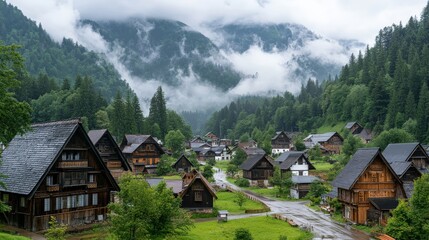 Fototapeta premium Serene Village Landscape with Distinctive Architecture