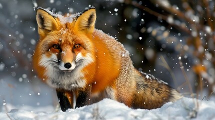 Obraz premium Majestic Red Fox in Snowy Landscape with Soft Snowfall Effect