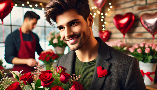A young man buying flowers on Valentine's Day.