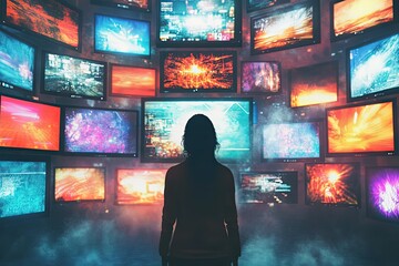 A person watching a video wall with multimedia images