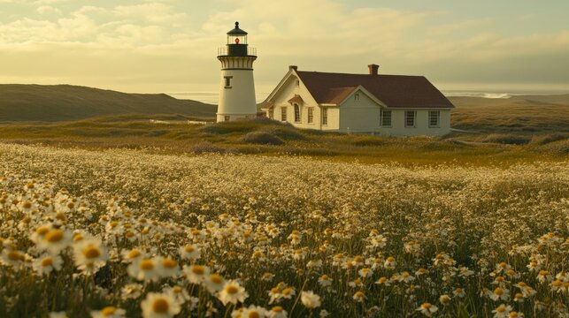 Serene Lighthouse Amidst Blooming Coastal Wildflowers - Powered by Adobe