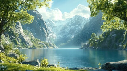 Serene mountain lake landscape.