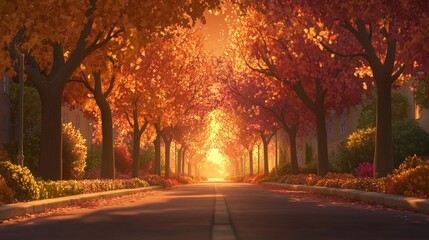 Fototapeta premium Tranquil Street with Glowing Autumn Trees at Sunset