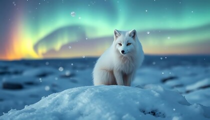 Naklejka premium white wolf sitting on snow with aurora background