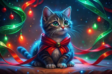 cat with heart Kitten in gift box, Christmas tree in background