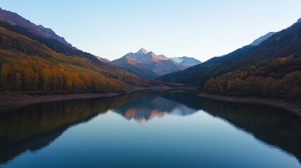 Tranquil Autumn Reflections on Lake Surrounded by Mountains