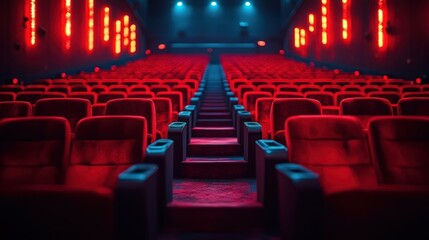 Fototapeta premium Empty red cinema seats in a dark theater. (1)