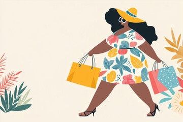 plus-size black woman confidently carrying shopping bags on a vibrant pink backgroundFashion Marketing:Social Media CampaignsRetail Promotions