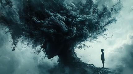 Obraz premium Surreal Tree Woman and Contemplative Boy: A Mystical Digital Painting