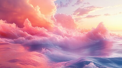 Dreamy Sunset: Pink Waves and Clouds in a Surreal Seascape