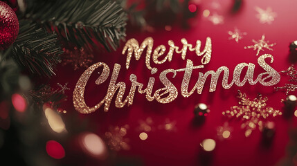 Elegant Merry Christmas Greeting Card with Glittering Text, Sparkling Snowflakes, and Festive Red Background &ndash; High-Resolution 4K Design for Holiday Joy and Professional Celebrations