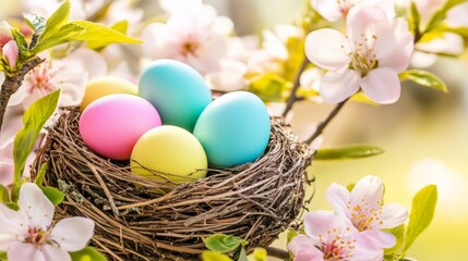 Vibrant Nest with Colorful Eggs in Spring Foliage