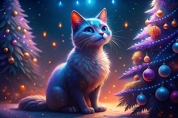 cat in the night Kitten in gift box, Christmas tree in background