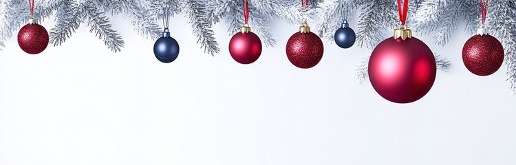 Fototapeta premium Festive Christmas Balls Hanging from Snowy Fir Branches