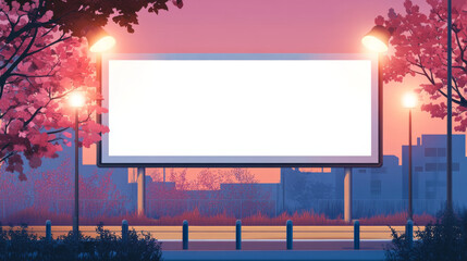 Street billboard mockup with blank white banner and lamps on metallic pillars. Realistic vector illustration set of outdoor road board for advertising sign. Horizontal signage panel template.