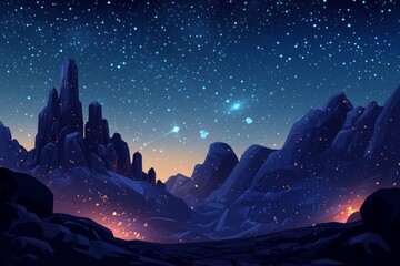 Fototapeta premium Starry Night Valley, Mountains, Scenery, Landscape, Rocks, Sky, Stars, Fantasy, Aurora