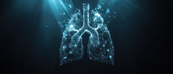 A digital rendering of lungs made from interconnected geometric shapes, symbolizing the complex and intricate nature of the human breathing system in silhouette. 