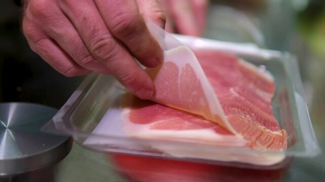 Slices Of tasty Jamon or prosciutto On The Wooden Background