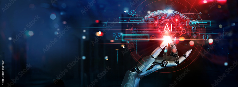 Poster AI, Machine learning, Hand of robot touch on big data network, Brain data creative AI, Data exchange, Chatbot, Science and artificial intelligence technology, innovation for futuristic.