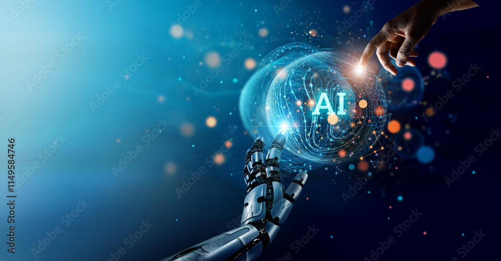 Poster .AI, Machine learning, Hand of robot and human touching on big data network connection, Artificial intelligence use for efficiency data analysis and enhanced work,Science and innovation for futuristic