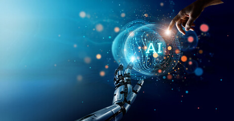 .AI, Machine learning, Hand of robot and human touching on big data network connection, Artificial intelligence use for efficiency data analysis and enhanced work,Science and innovation for futuristic