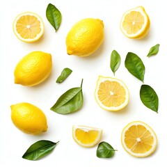 A flat lay of whole lemons, lemon slices, and leaves arranged on a white background.