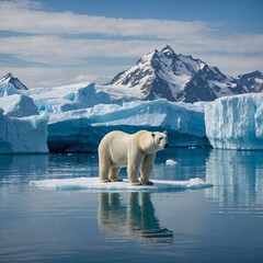 A polar bear standing on an iceberg with shimmering blue waters and glaciers behind.