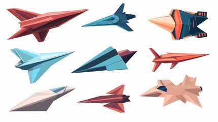 Collection of Stylized Aerodynamic Paper Airplanes and Futuristic Jet Designs in Vibrant Colors and Sleek Shapes for Creative and Educational Purposes