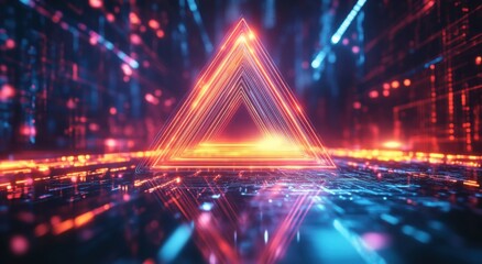 A futuristic digital background with neon lights and an abstract triangular shape, representing the idea of artificial intelligence in technology. 