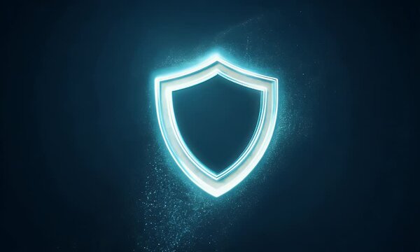 Abstract footage of a shield icon forming from glowing lines and particles on a dark background