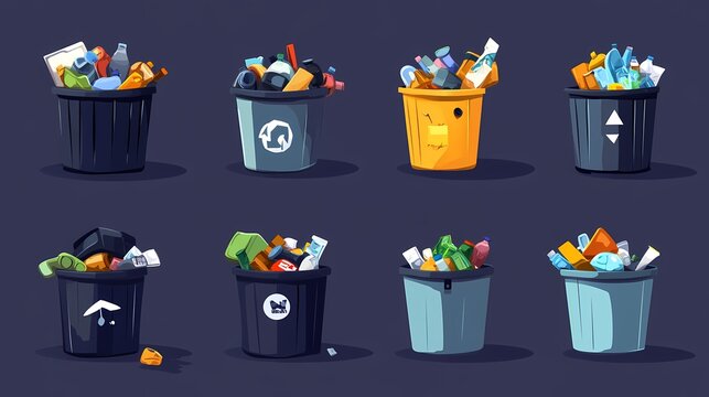 A Collection of Colorful Trash Bins Filled with Waste Materials, Representing Various Recycling Symbols and Overflowing Refuse in a Modern Urban Environment