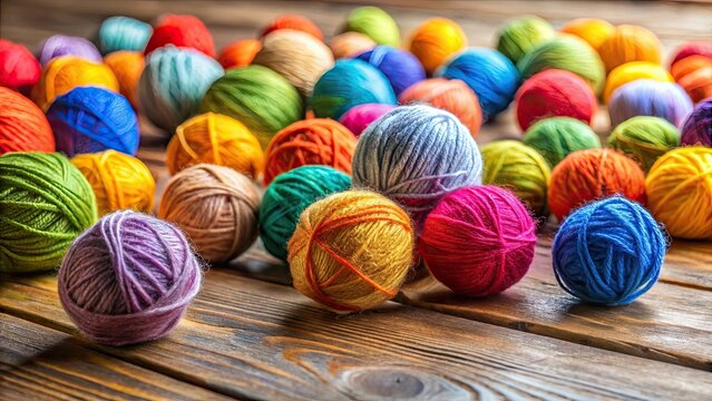 colorful yarn balls scattered on a table, ball of yarns, colorful yarn, crafting supplies