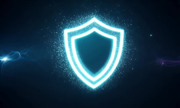 Abstract footage of a shield icon forming from glowing lines and particles on a dark background