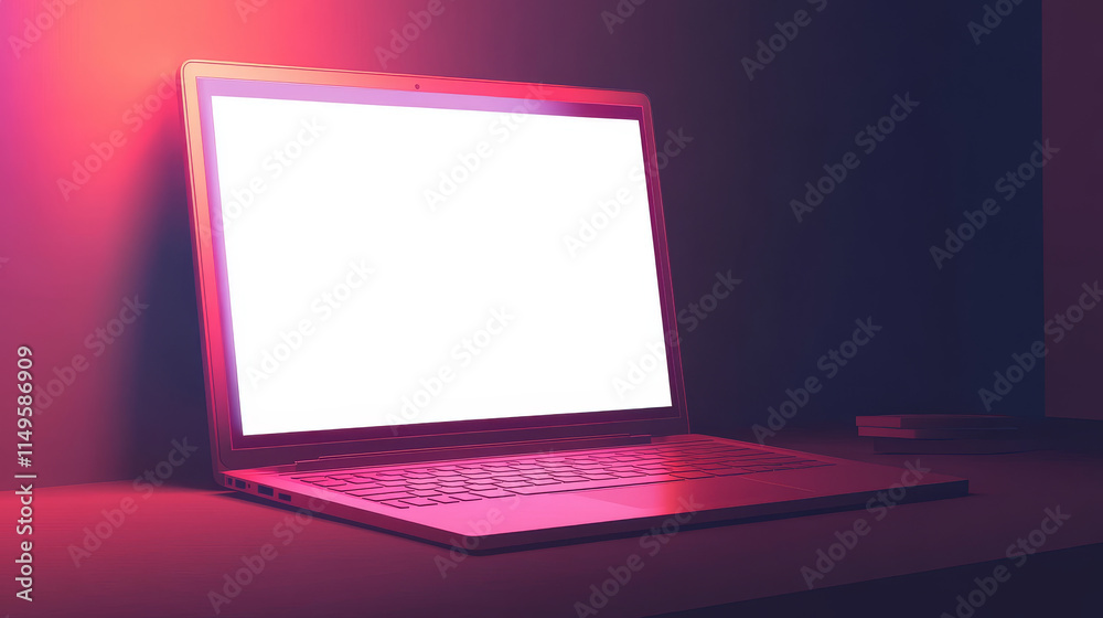 Poster laptop computer with white screen and keyboard front and angle view. vector realistic mockup of mode