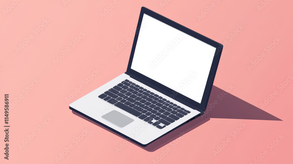Poster laptop computer with white screen and keyboard front and angle view. vector realistic mockup of mode