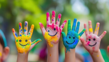 A group of hands with colorful paint on them, each hand holding up their palm and smiling face painted in the middle of it. 