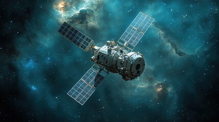 Spacecraft with solar panels reflecting sunlight in deep space, distant stars and galaxies visible, representing technological advancement and scientific exploration mission.
