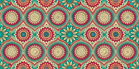 Colorful mandala pattern featuring intricate floral designs in warm tones.