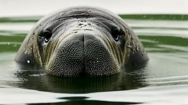 Manatee emerges from the calm water in a natural habitat showcasing serene aquatic life