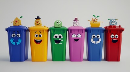 Colorful Cartoon Trash Bins with Smiling Faces and Playful Personalities for Fun Waste Management Education and Promotion of Recycling Initiatives